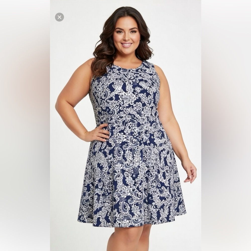 Sleeveless Paisley Midi Dress 2X Navy Cream Plus Size Summer Multi Occasions